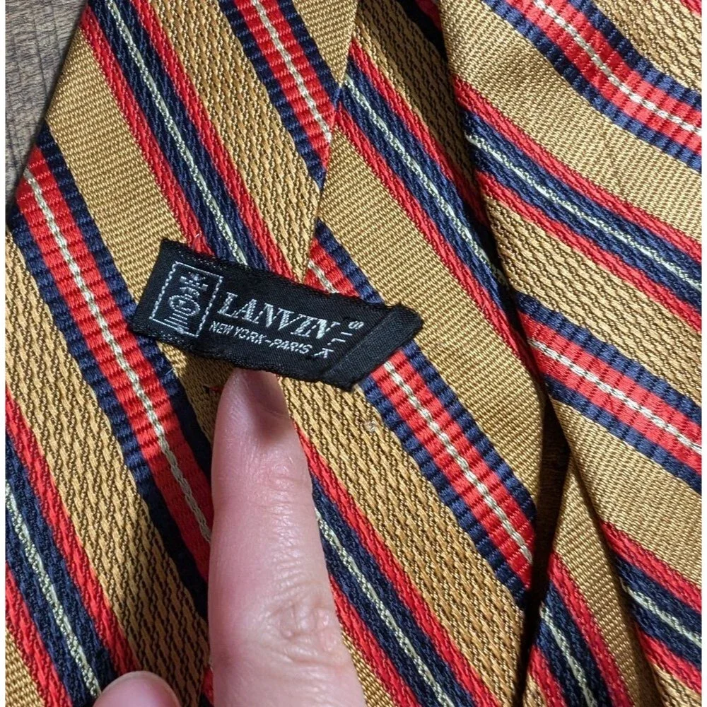 Vintage Lanvin 100% Silk Striped Pattern Tie in Mustard Red Navy White Colorful